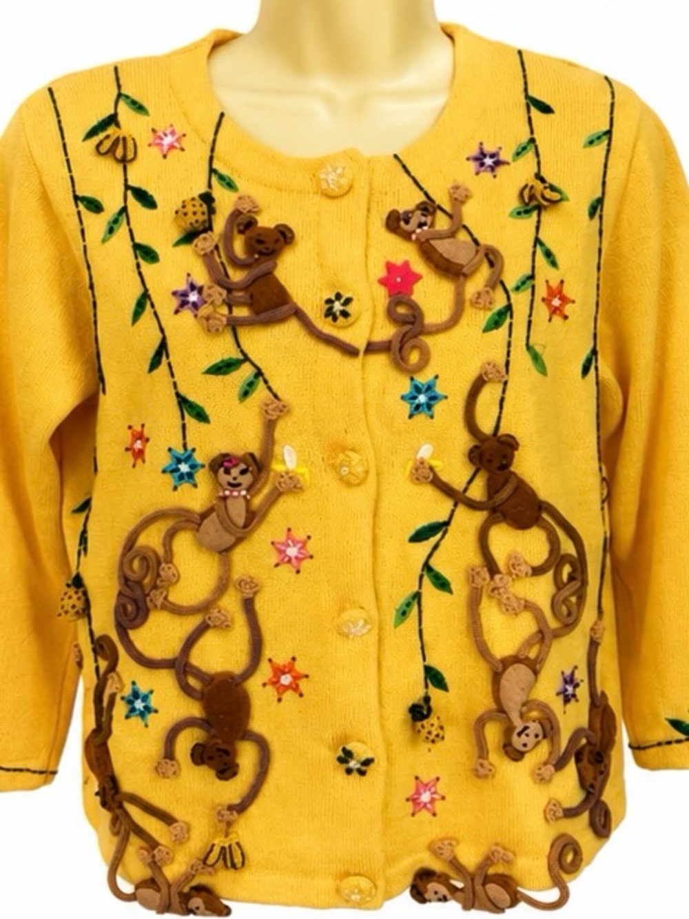 Jack B Quick 3D Monkey Novelty Beaded banana Pineapple Embroidered Cardigan sm